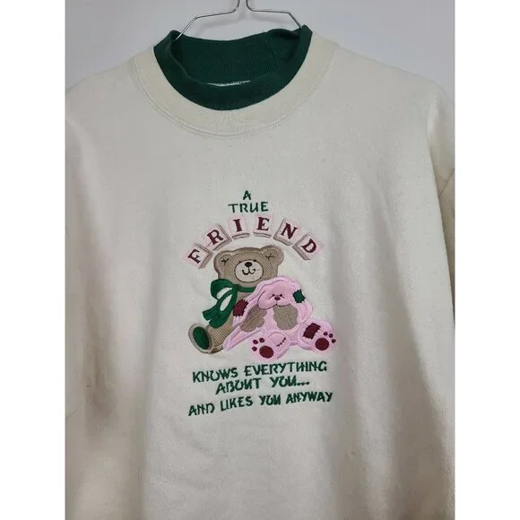 VTG 80s Womens A True Friend Teddy Bear Sweatshirt Medium Cream Pullover Grandma - Picture 2 of 9